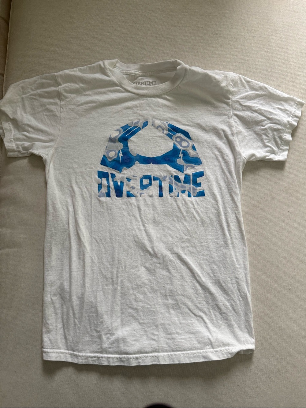 Overtime White Short Sleeve Tee with Blue Graphic
